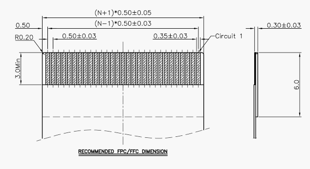 0.5間距H2.0翻蓋下接FPC連接器對應(yīng)排線規(guī)格圖